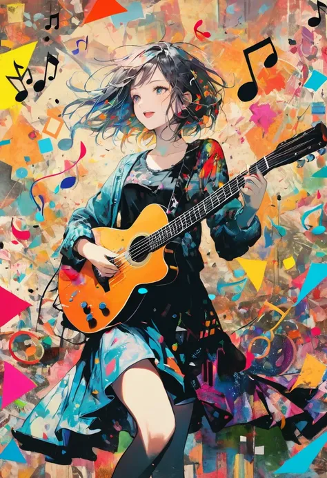 (masterpiece, best quality),(multiple exposure: 1.2),
print collage depicting,Solo guitarist girl,,she is surrounded by music-notes symbols,wearing grunge fashion,enthusiastic,splash color, collage art, contemporary artistic collage,