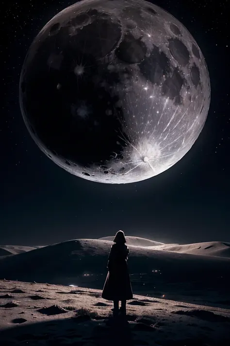 Highest quality,Big moon and shadow,A silhouette of a person can be seen against the backdrop of a large moon.,There is one full moon,There is a mood,Beautiful scenery,Starry Sky