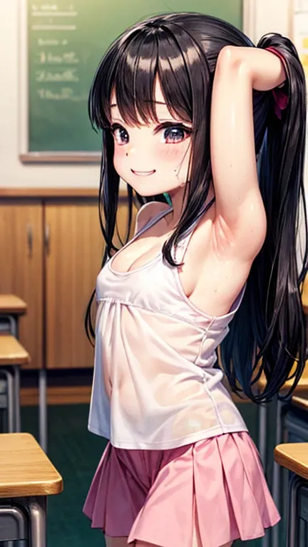 Big Breasts:1.5、Black Hair、((child:1.5))、A seductive smile、White tank top、See-through with sweat:1.5、Pink mini skirt:1.5、look up、Long Hair、Accentuate your cleavage:1.5、classroom、armpits