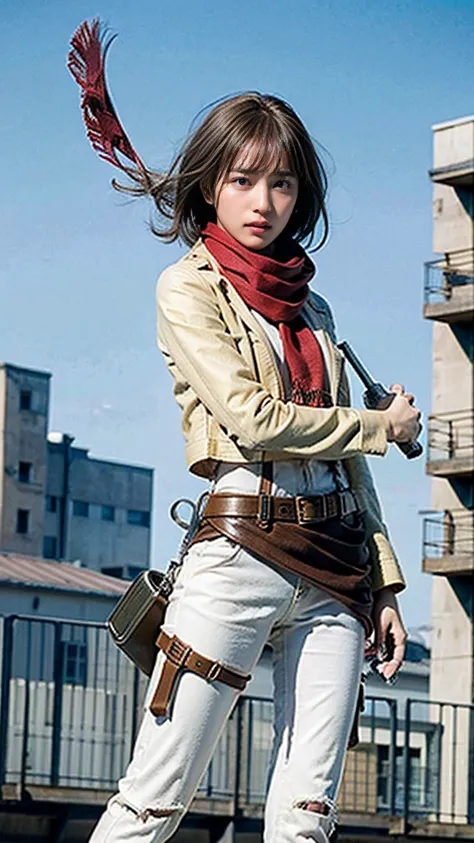 masterpiece, best quality, highres, hmmikasa, short hair, black eyes, scarf, emblem, belt, thigh strap, red scarf, white pants, brown jacket, long sleeves, holding weapon, sword, dual wielding, three-dimensional maneuver gear, fighting stance, sky,