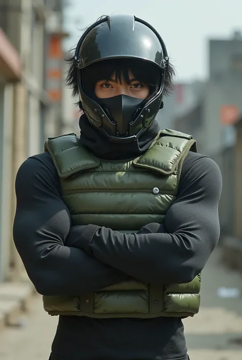 live-action、Real、Beautiful Japanese youth、Black Hair、Shortcuts、Curly hair、A thick black bodysuit that enhances physical performance、Wearing a mechanical half helmet、Moss green short down military vest、Armored Muscle Suit、A slim but muscular body、Cross your...