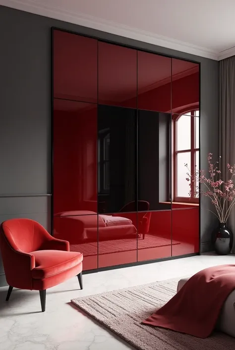 Professional 3d architecture rendering design modern and minimal  girl’s teenage room with light  red and black glassy closet with red cozy velvet chairs and big mirror beside the  closet and  gro slab stone marble for floor and gray wall 