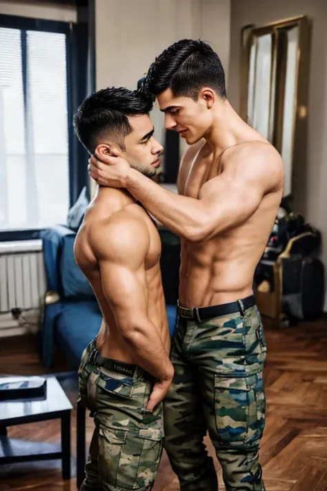 (Masterpiece), Best quality, expressive eyes, perfect face, photorealistic, A handsome young Latino, shirtless, military cut hair, thin, , blue camouflage pants, (black boots), (military boots), arm wrestling, with another man, in the living room of an apa...