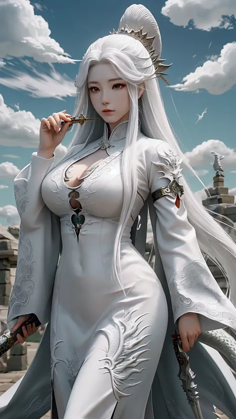 Clouds,tornado,beauty.Elegance,Oriental white dragon woman,Dragon Horn,dragon hair accessories,Long white hair flowing,Big breasts,Wearing ancient dragon scale battle clothes,Holding an ancient spear,Gun handle length 9 inches,carving texture,The tip of th...