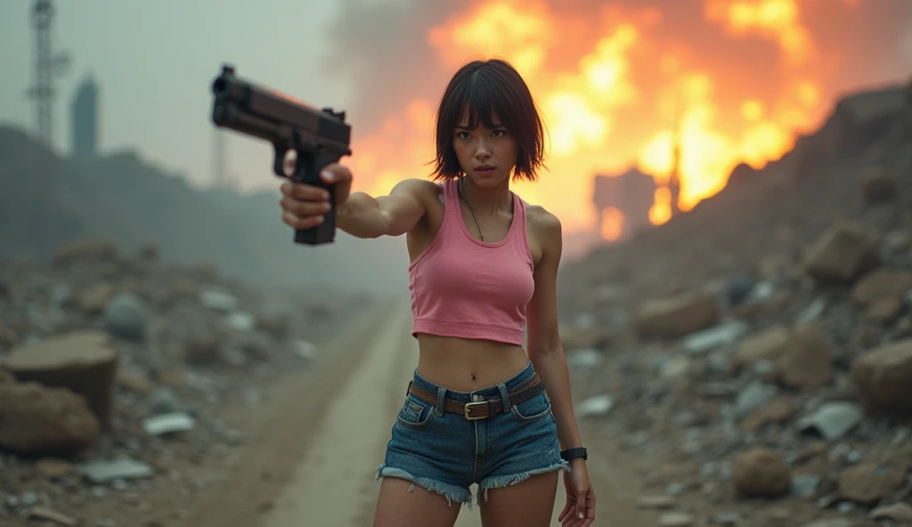 Masterpiece,HDR, Realistic, cenematic lights, a girl in pink croptop and blue short denims standing with a gun ,short hairs, flyover, fighting ,future , destroyed earth ,fire, wallpaper 