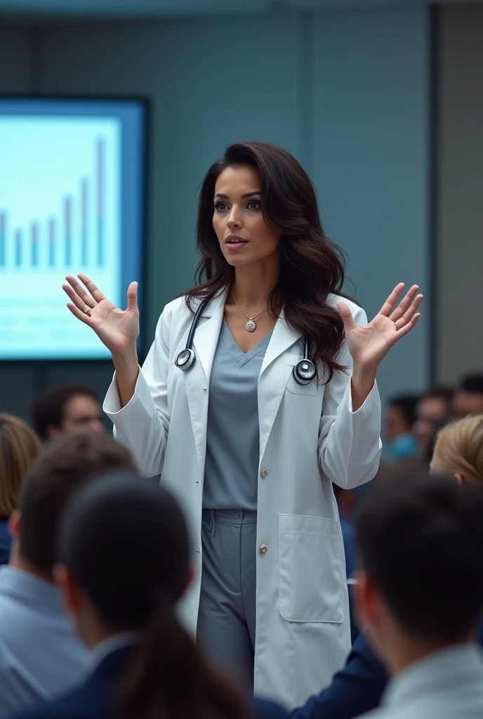 Realistic image of a nurse projecting a presentation of a health company ,dark brunette long hair, sagging huge bust,white mature doctor,Overall image of the conference room、A large crowd of medical professionals listened intently to her glamorous talk.、Sh...