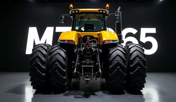 Rear View Prompt:"Present the Caterpillar MT 865 tractor from the rear in a stylish showroom setting with a black background. This view highlights the advanced hitch and tire setup. The white wallpaper behind the tractor is adorned with Caterpillar MT 865 ...