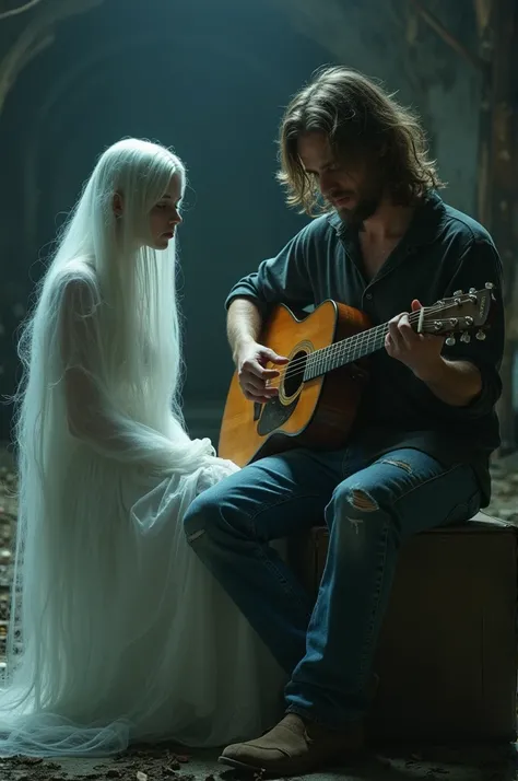 A beautiful ghost girl sits and watches a scruffy guy with long hair and jeans playing a guitar.