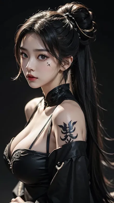 Hair Bun，Huge breasts，Showing breasts，Eyebrow tattoo，Hanfu，White skin，Full body portrait，Black costume，Highlight the areola，Dark Background，Superbly detailed eyes，Exquisite face，Perfect face，Full body portrait