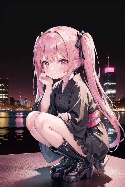 A petite girl with a Western look and beautiful features.　Crouch down and face forward、Smiling like a mischievous child　Pink hair in twin tails　Black yukata with black frills　Dark brown boots　The background is a cyberpunk cityscape