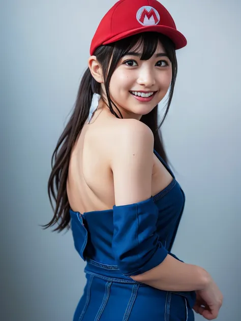 (8k, RAW Photos,Highest quality, High resolution:1.1), (Ultra-realistic:1.4),(Realistic, Realistic:1.3),The Beauty of Japan、1 person、((smile:1.2))、A girl cosplaying as Super Mario, Mario,Red Hat,naked:1.3、Blue jumpsuit、whole body、Butt、Game Background