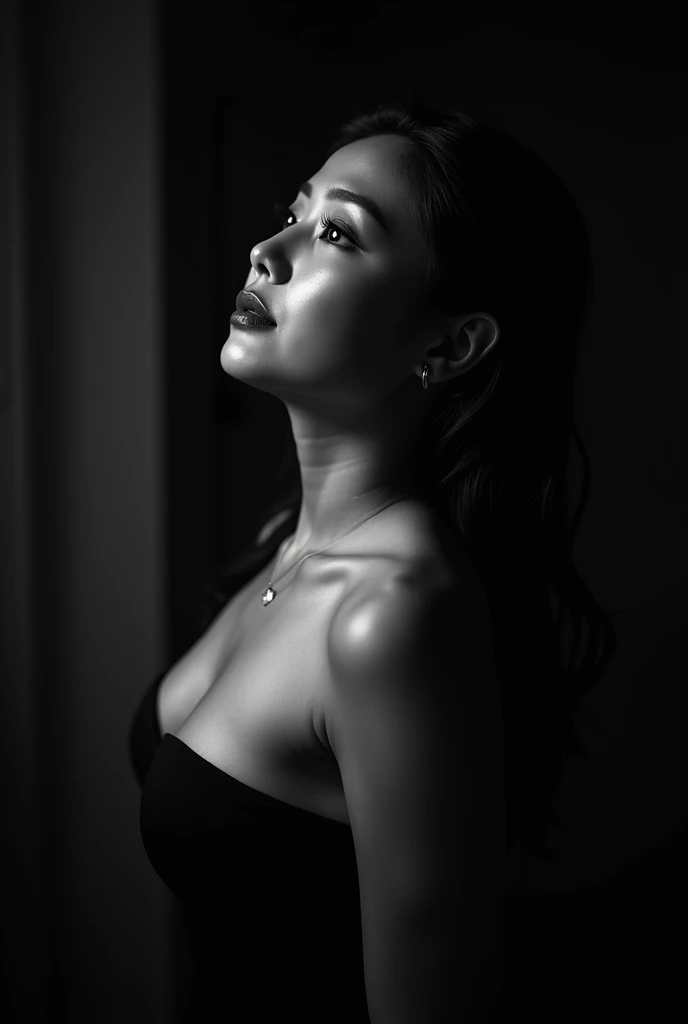 professional black and white model photography, dramatic lighting, low-lit lighting. Utilize shadows and highlights in monochrome to create a powerful visual narrative, accentuating the form and contours of the subject in an evocative manner, a play of sha...