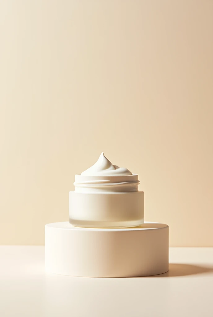 Moisturizer product with small jar and a cap on top with light cream colour and on a plain background