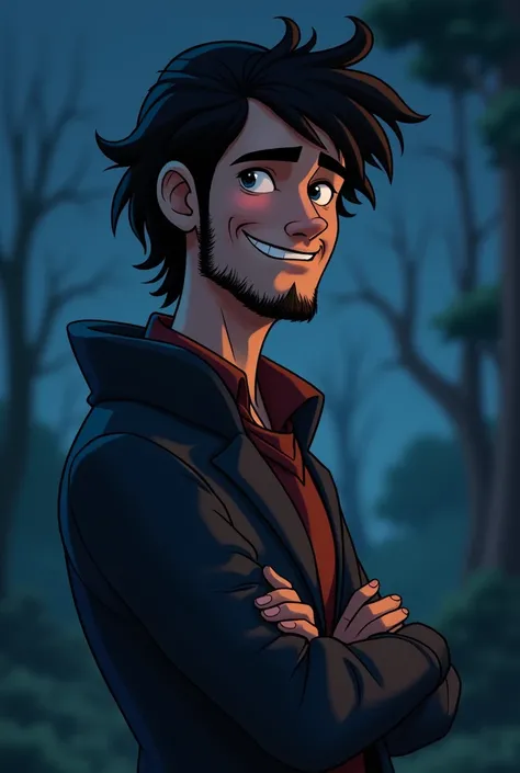 Scooby doo type drawing, naughty man, hetero, sem beard, Bblack hair, intellectual style , eyes black, Messy hair, normal chin, night landscape,