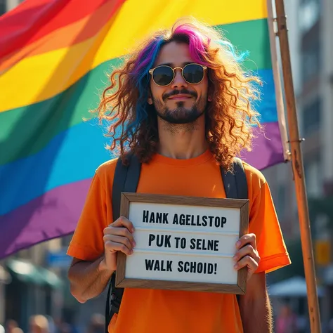 A man with long, rainbow-colored scruffy hair wearing a vibrant rainbow t-shirt, holding a signboard that says "ami mahi gay jore chudo," standing in front of a painted background featuring a large gay pride flag. Bright and colorful, expressive urban sett...