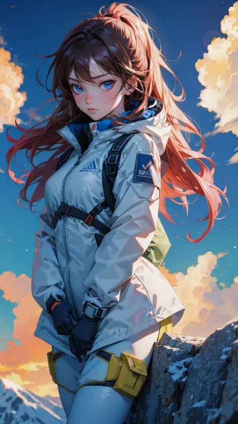 4K Anime girl, determined expression, ultra-insulated mountaineering suit (#000080 navy blue base color), holding blockchain-patterned ice axe, surrounded by high-tech survival gadgets, blizzard background, digital icicles, glowing blue data streams in sky...