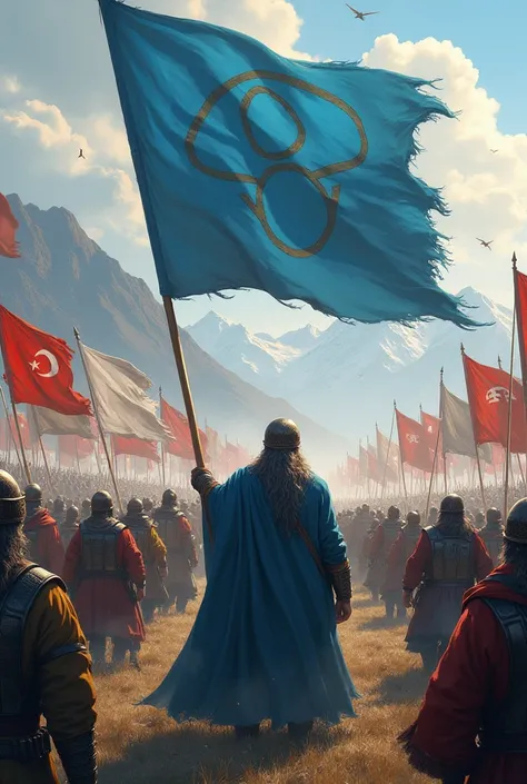 The host Amir Temur, the scene of the battle of Loy, let as many armies as possible participate in the battle, the main emphasis should be on the flag of Amir Temur and the state of Amir Temur, the color of the flag should be light blue, there should be 3 ...