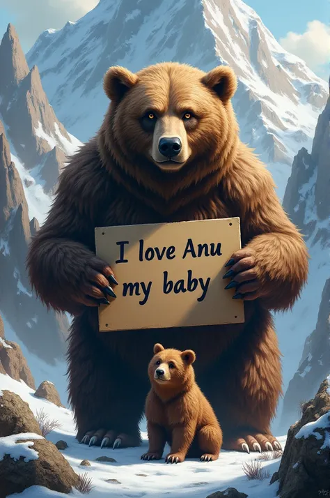 A mountain bear holding placard of  I LOVE ANU MY BABY 