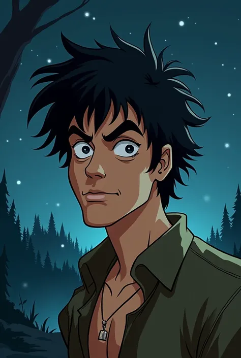 Scooby doo type drawing, naughty man, hetero, Bblack hair, intellectual style , eyes black, Messy hair, normal chin, night landscape,