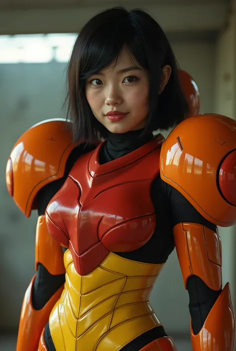 live-action、Real、((Metroid: Samus Aran)), ((Black Hair), ((Moderate bust)), (Pretty and beautiful face), (Well-formed jawline), (きれいなwoman),Japanese、Bobcut、 Armor larger than the head、Orange Armor、Cream-colored skin, woman, 青 eyes, Cute Nose, Fuller lips, ...