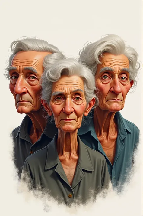 Three elderly people, each with a different skin color, and the art has to be in 2D drawing