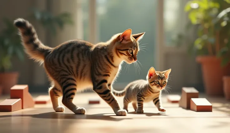 

Mother and Kitten Training Together:

"A strong mother cat and her agile kitten working out together. The mother cat demonstrates exercises while the kitten attempts to follow her moves, surrounded by obstacles like small hurdles and balance beams."