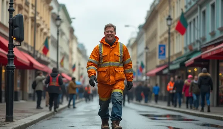 street cleaner, Russian, in work clothes, smiling