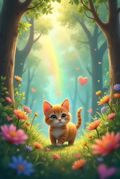 Kitty, forest, flower, rainbow, heart