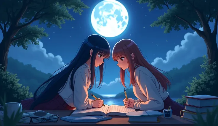 2 girl study in the open moon light