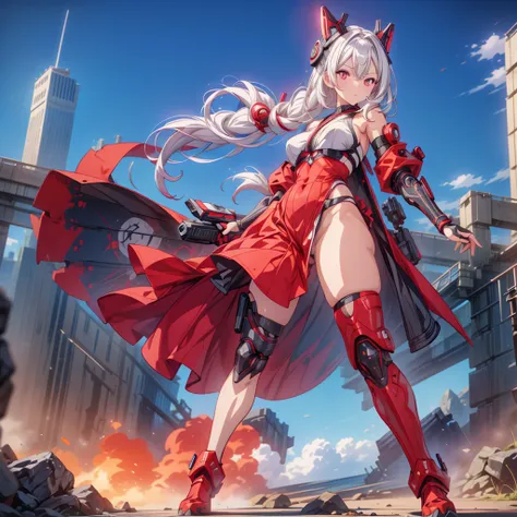 (masutepiece, Best Quality), (Perfect athlete body:1.2), (detailed hairs), Ultra-detailed, Anime style, Full body, Cyberpunk Ninja Gunner Girl, Wearing Techwear, Red Accessories, Wielding a huge high-tech gun, Black and white hair, stew, Mechanical arm gua...