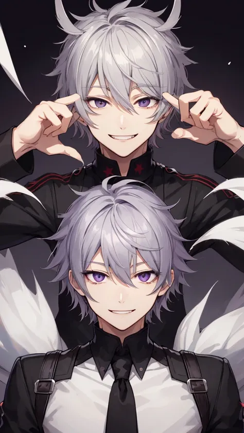 male、Only 1 person、solo、Gray-haired、purplish white eyes、Crazy Smile、Short, unkempt hair、Portraiture 、good looking 、Hair covering the right eye、Wicked Smile、dark、short