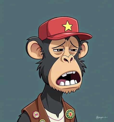 Ape in a Vest with Badges:
"A tired-looking cartoon ape with rainbow fur and a neutral face, wearing a vest decorated with various badges. The expression is exhausted, and the background remains plain."