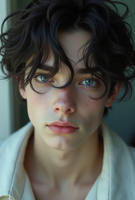 A teenager boy has ash eyes and messy hair 