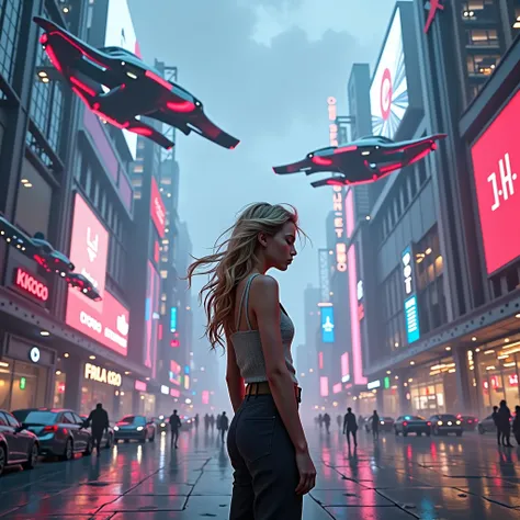 1girl in, age 29, alone, Fell, nice hair, tousled hair in the wind, blond hair, Full body, 2050s - The flying car concept "Create a hyperrealistic image of a futuristic city of the 2050s, Elements merge. View over a bustling, neon-lit cityscape, with glowi...