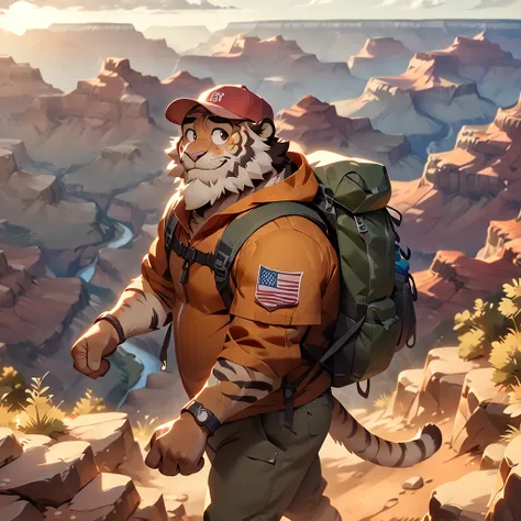 masterpiece, best quality, very aesthetic, absurdres, from side, american country, backpacker, plump middle-aged american tiger man, fluffy body, brown eyes, beautiful beard, male face, big face, square jawline, male eyes, sharp eyes, big eyes, male eyebro...