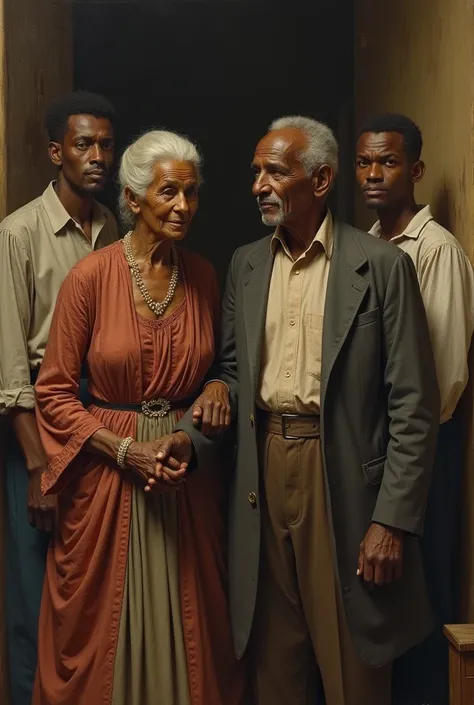 Image of a black family with an elderly woman, an elderly man and a 2 young man in the 19th century
 