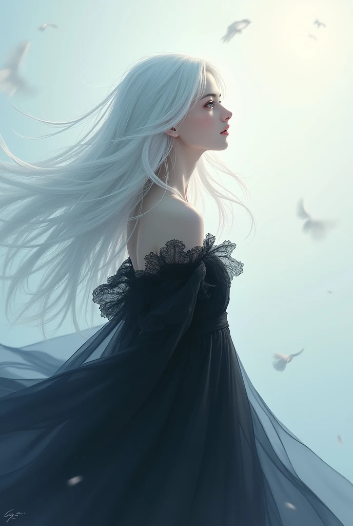 Photo for cover music the title reaching for the sky ,hab picture of a girl with long white hair ,pretty and black dress 