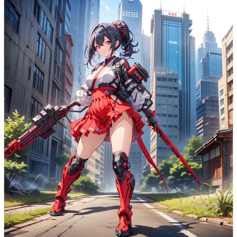 (masutepiece, Best Quality), (Perfect athlete body:1.2), (detailed hairs), Ultra-detailed, Anime style, Full body, Cyberpunk Ninja Gunner Girl, Wearing Techwear, Red Accessories, Wielding a huge high-tech gun, Black and white hair, stew, Mechanical arm gua...