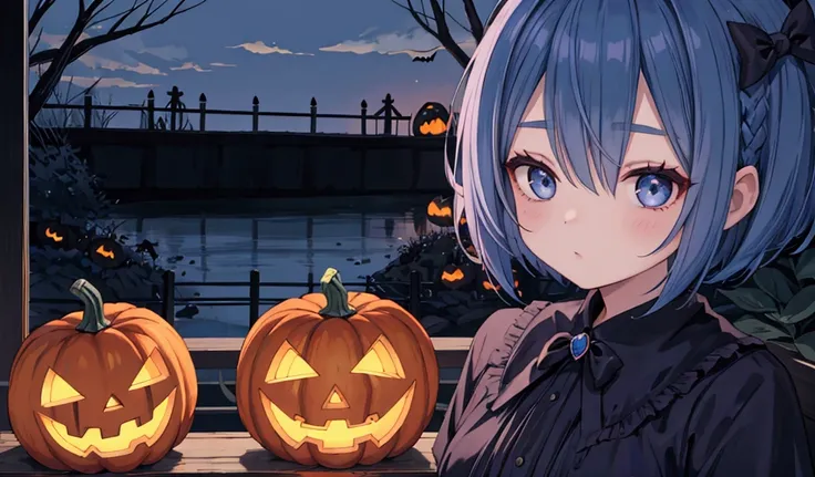 Halloween、pumpkin、1、girl、Bob Hair、Blue Hair、Widescreen