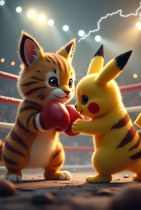 A very cute, big-headed brown tiger kitten and a cute but ferocious Pikachu are boxing in the Battle Stadium.、Realistic、Rumbling Lightning、Dragon and Tiger Fight、Overwhelming camera work、fierce fighting