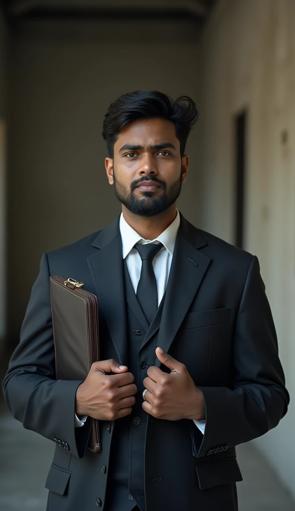 fair young Indian man standing and looking in front, dressed formally and holding a documents bag by his side in his hands, as if he is going for an interview and his face looks sad because he is very poor, only his upper half body is visible in the frame.