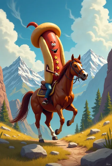 a crazy hotdog on a horse with a potato hat riding in the colorado