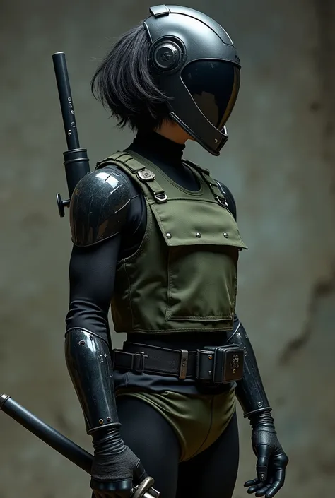 live-action、Real、Beautiful Japanese youth、Black Hair、Shortcuts、Curly hair、A thick black bodysuit that enhances physical performance、Wearing a mechanical half helmet、Moss green short down military vest、Armored Muscle Suit、A slim but muscular body、Forceful P...