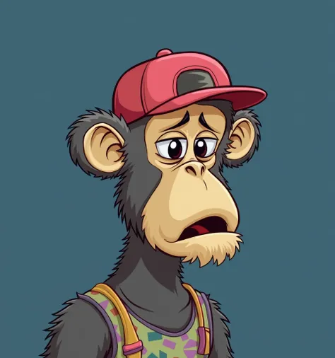 Ape in a Baseball Cap:
"A drowsy cartoon ape with yellow fur, sleepy eyes, and a bored expression, wearing a pink baseball cap. The ape has a multi colored t-shirt and is placed against a flat background with no distractions