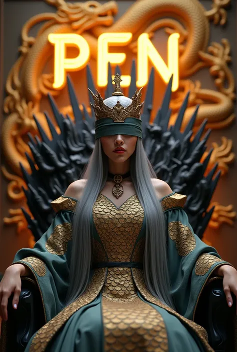 A Korean model woman wearing a dragon warrior dress, her hair is long ash gray with a crown, sitting in iron throne chair from the Game of Thrones, looking directly, wearing a blindfold . The background features the words PEN written in large gold neon fon...