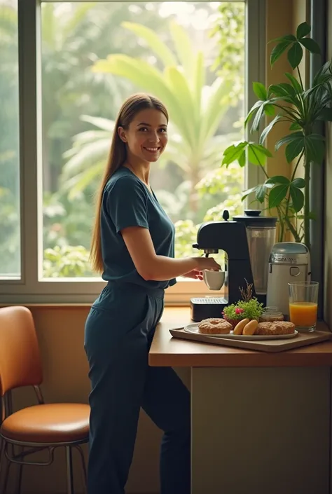 Génère-moi une image de loin au format paysage,  style lo-fi ,dune femme de 42 ans  et  1 mètre 57 pour 80 Kilos, souriante. de face .les cheveux longs châtain clair qui lui arrive aux omoplates , vêtu dun chemisier manches courtes  bleu marine et un panta...