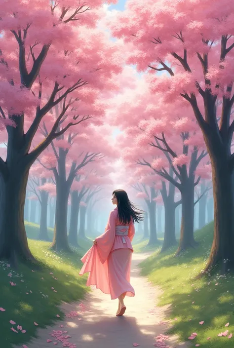 Most beautiful  path with sakura trees amd a girl walking on it