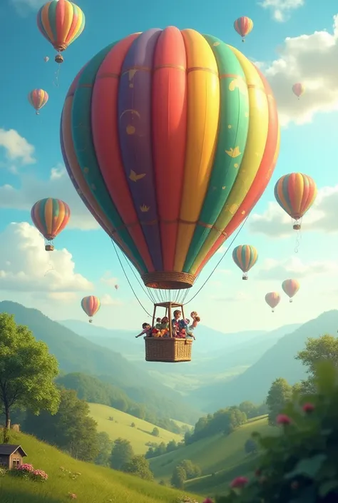 Hot air balloon ride to school with colourful balloons and a basket full of books