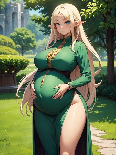 Pregnant Elf, Big breasts and wide hips, low cut long sleeve dress, waist-length hair, set in medieval times.