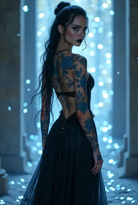 beautiful female Latina viking warrioress, black lipstick, slim body, long black leather dress, face with extremely beautiful feminine features, long black hair, blue eyes, beautiful blue roses and lace tattoos on the entire body and face, white and black ...